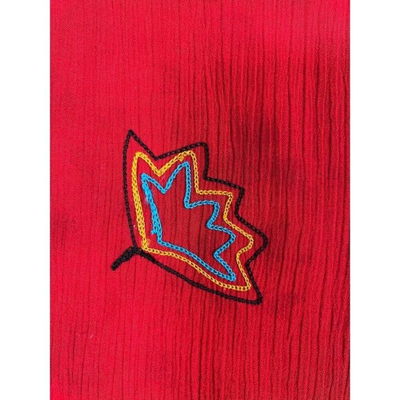 Retro Crinkle Floral Shirt 1X Red Embroidery Artsy 80s Ribbed Preppy Classic 80s - Picture 7 of 12